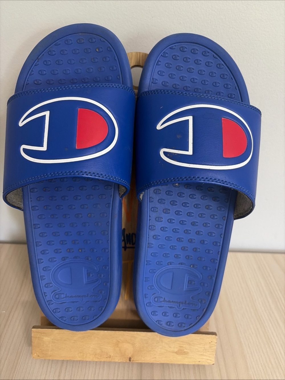 Champion Men’s Blue Slide Sandals with White/Red Logo Accent size 7